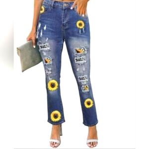Sunflower Embellished Blue Straight Leg Jeans
